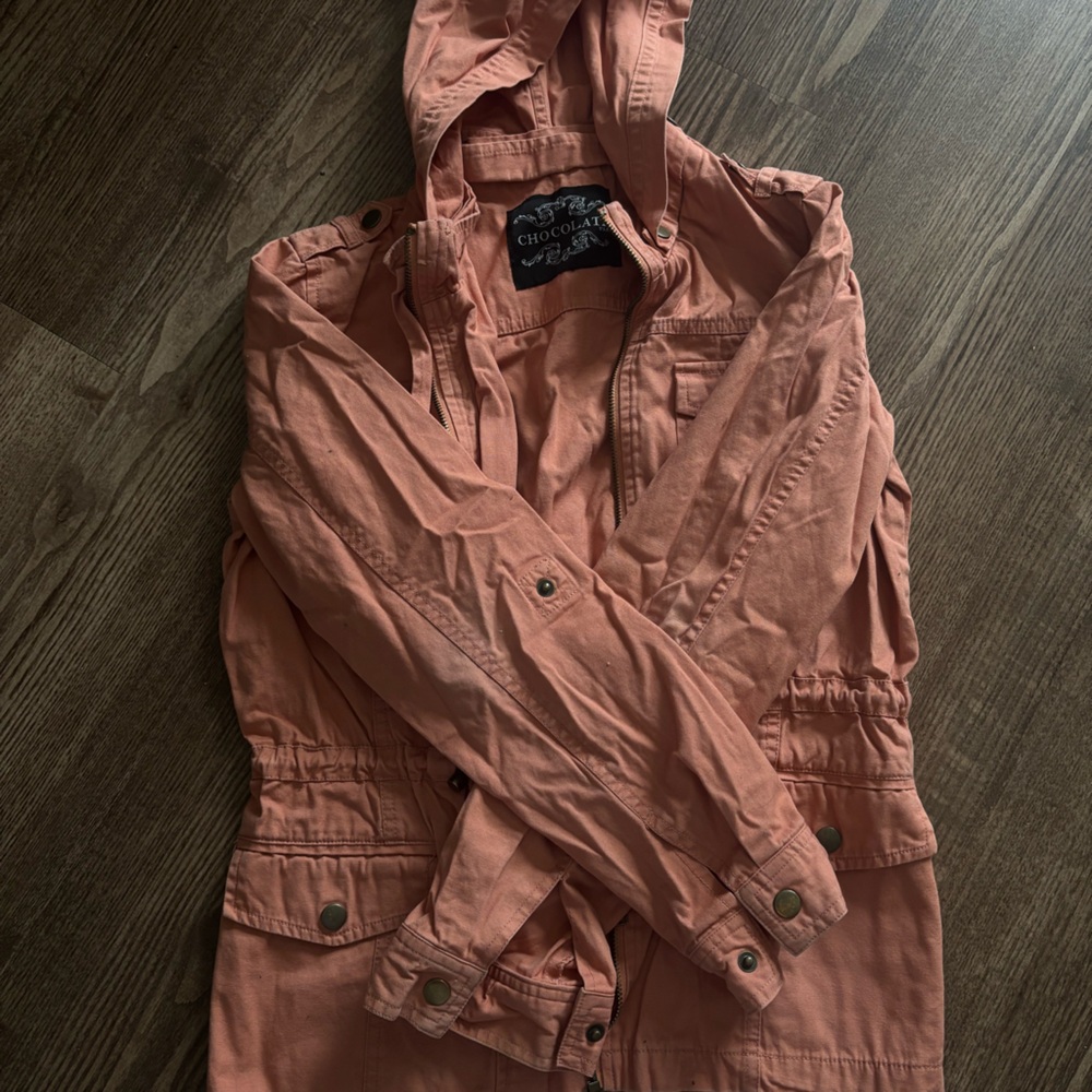 Salmon Pink denim jacket with hoodie #denimjacket